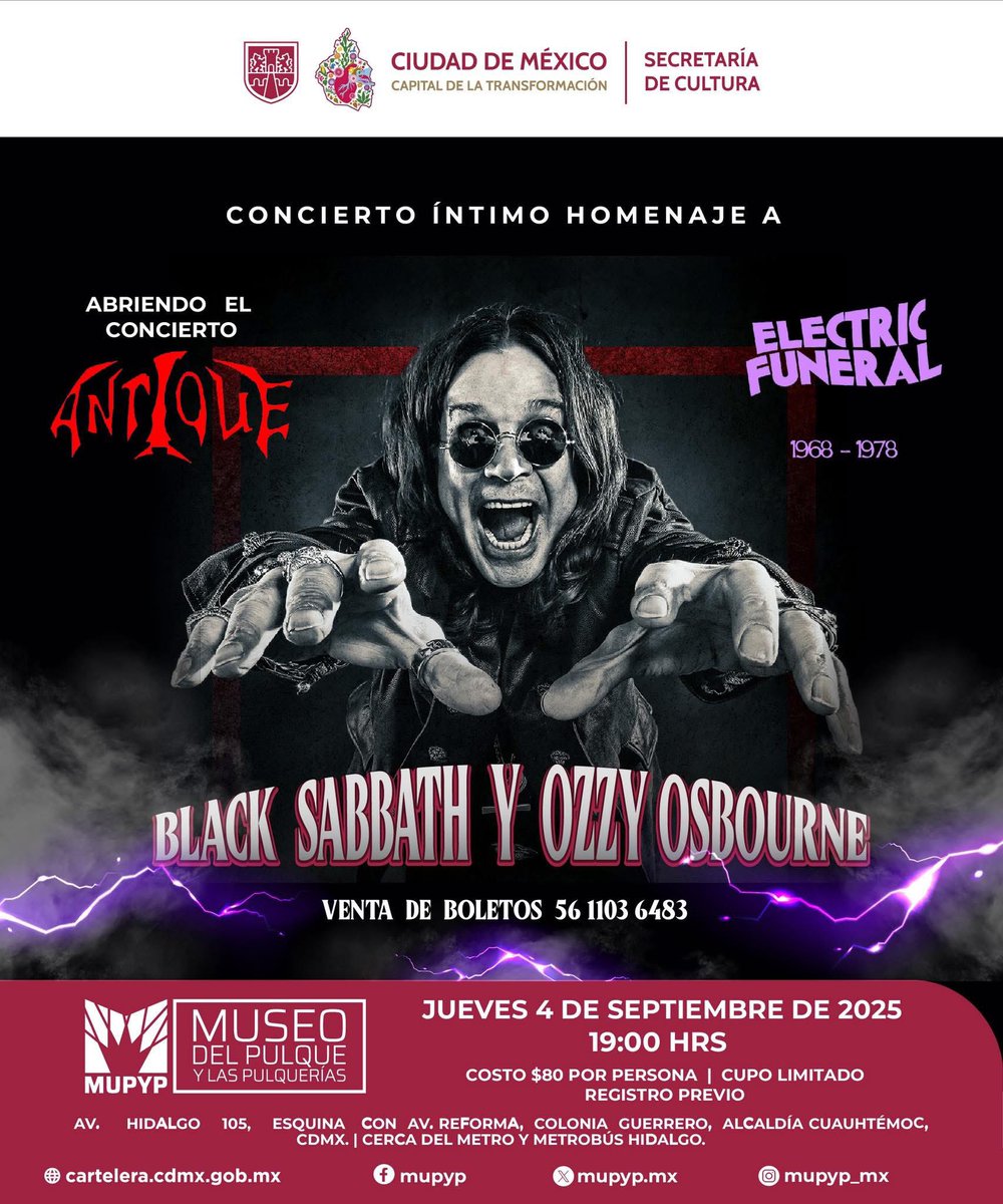 CONCIERTO ÍNTIMO
 HOMENAJE A BLACK SABBATH 
Y OZZY OSBOURNE

Electric Funeral Tributo a Black Sabbath

Jueves 04 Septiembre 
7:00 pm
#mupyp
