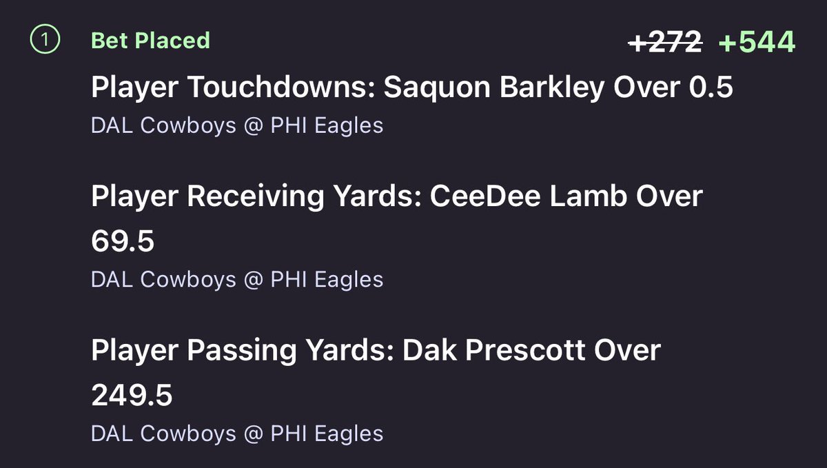 ThePickReaper's tweet photo. HOW DOES THIS NOT CASH ❓

+544 #TNF Parlay 🏈

Placed this on Onyx Odds, they’ve got a “Bet $10 get $100 in Bonus Bets” promo right now AND a 100% Profit Boost token for the game tonight!

 🔗 Sign up for Onyx here: https://t.co/daylhL3MbY

#Cowboys #Eagles #NFL #GamblingX