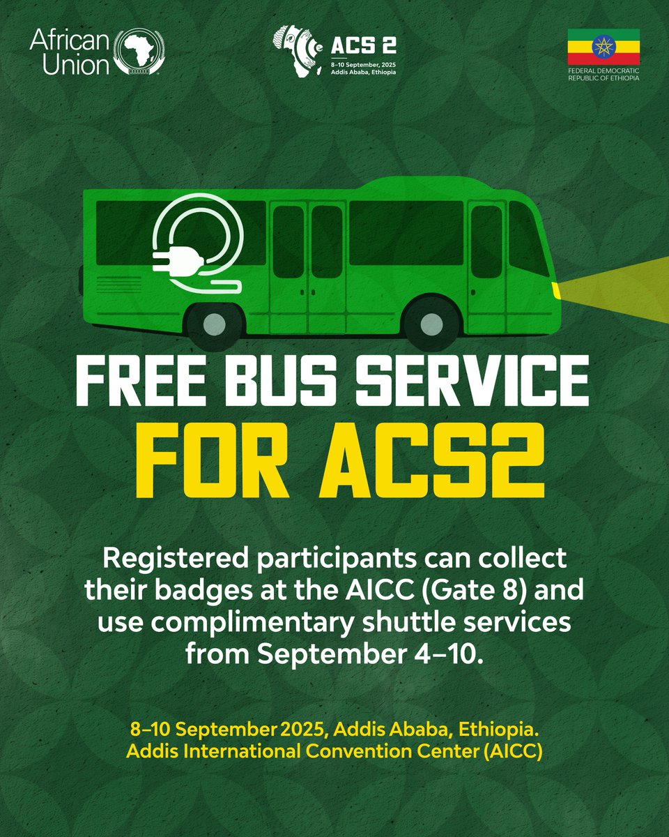 Africa Climate Summit 2 (@acs2et) on Twitter photo To make your ACS2 experience seamless, all registered participants are requested to collect their official summit badges at the Addis International Convention Center (AICC), Gate 8, according to the following schedule:
โข ๐ฆ๐ฒ๐ฝ๐ ๐ฐโ๐ฑ, ๐ฎ๐ฌ๐ฎ๐ฑ: ๐ต:๐ฌ๐ฌ ๐ฎ๐บ โ ๐ฑ:๐ฌ๐ฌ ๐ฝ๐บ
โข To make your ACS2 experience seamless, all registered participants are requested to collect their official summit badges at the Addis International Convention Center (AICC), Gate 8, according to the following schedule:
โข ๐ฆ๐ฒ๐ฝ๐ ๐ฐโ๐ฑ, ๐ฎ๐ฌ๐ฎ๐ฑ: ๐ต:๐ฌ๐ฌ ๐ฎ๐บ โ ๐ฑ:๐ฌ๐ฌ ๐ฝ๐บ
โข