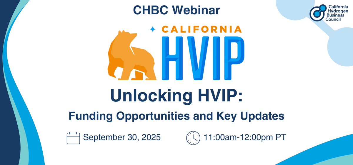 🚨HVIP is reopening in CA! Join our Sept 30 webinar to learn key program updates, incentive stacking rules &amp; strategies to secure funding. A must for fleets, #OEMs &amp; stakeholders in the #heavyduty market.

👉Register: ttc.swoogo.com/CHBCWebinar_HV…
#HydrogenMobility #CaliforniaHydrogen