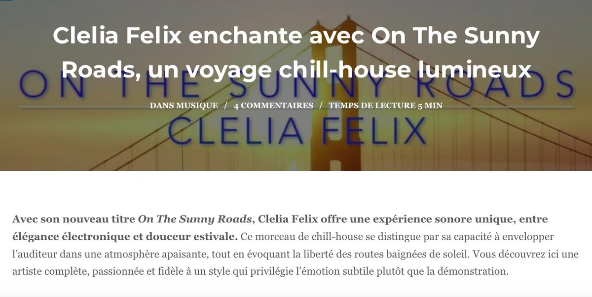 Here is a great review by <a href="/bernieshoot/">Bernard Arini</a>  about my new single "On The Sunny Roads" (<a href="/LadRecords/">LAD Records</a> ) : bernieshoot.fr/2025/09/clelia… #newmusicalert #newtrack #chillhouse #deephousemusic #summervibes☀️ #summer