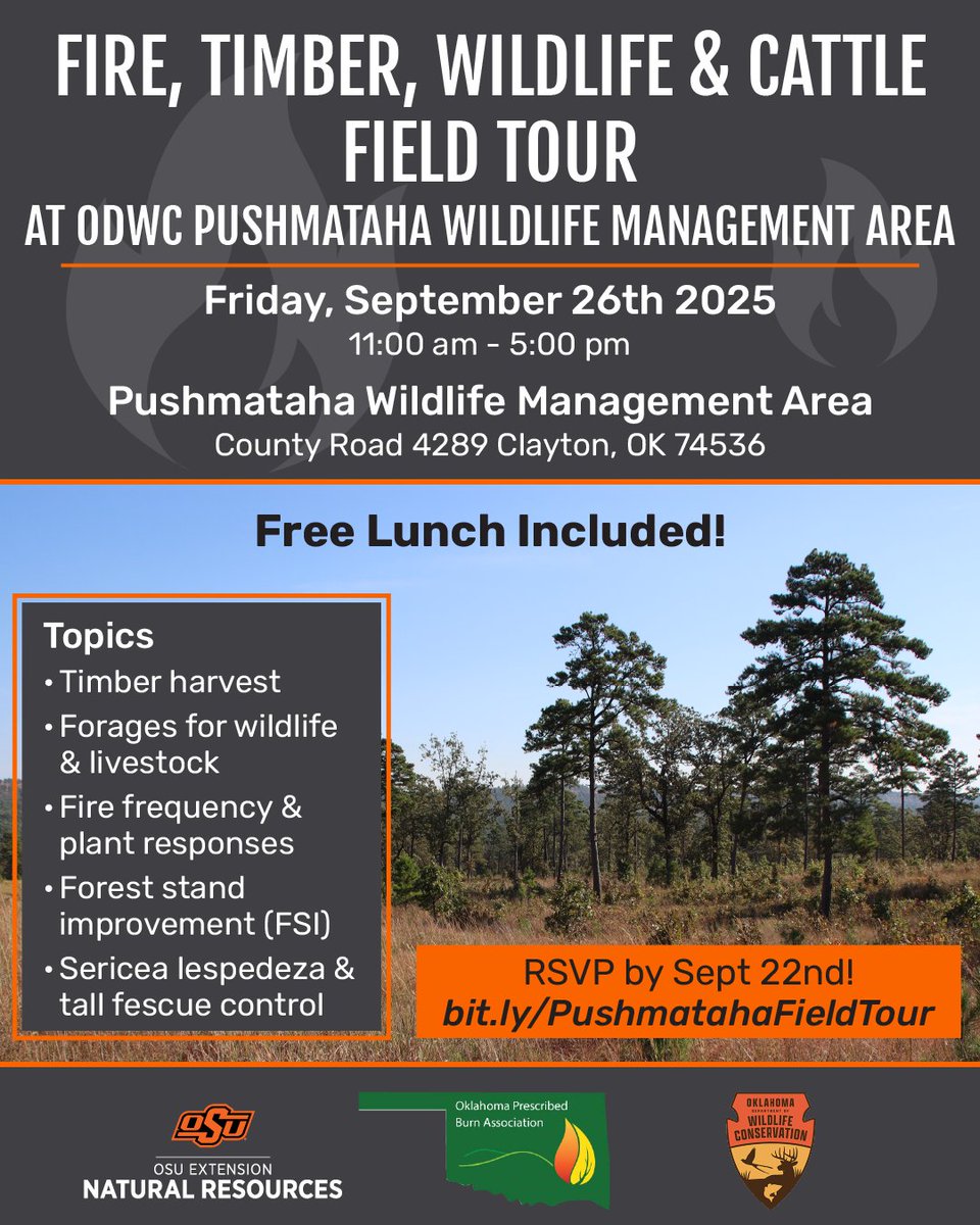 Fire, Timber Wildlife &amp; Cattle Field Tour
at ODWC Pushmataha Wildlife Management Area

Friday, September 26th 2025
11:00 am - 5:00 pm

Pushmataha Wildlife Management Area
County Road 4289 Clayton, OK 74536

Free Lunch Included!

RSVP by September 22nd bit.ly/PushmatahaFiel…
