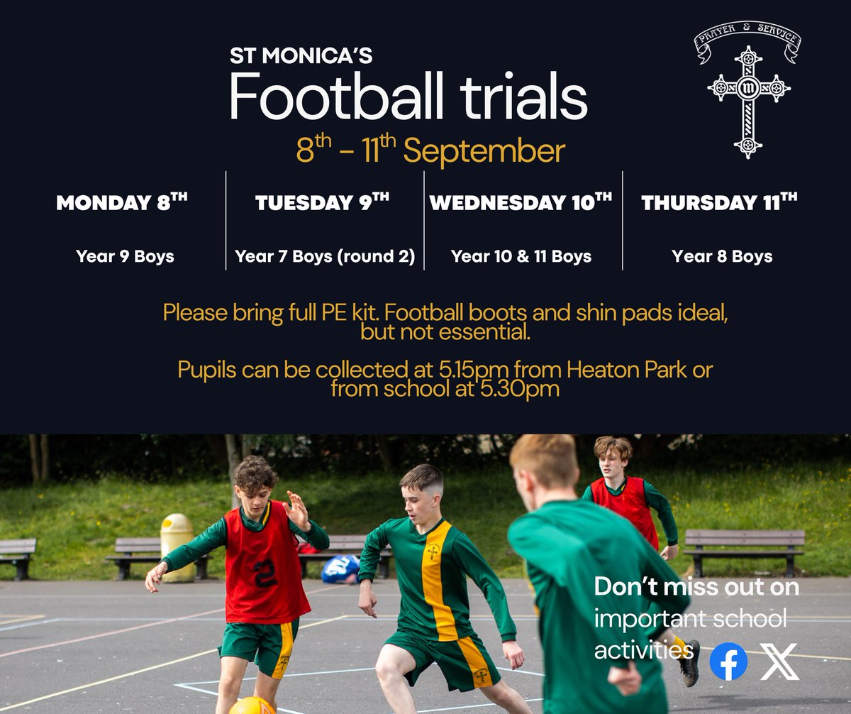 Year 8,9,10 &amp; 11 football trials are taking place next week! Let’s have some fun on the pitch and see the brilliant talent we’ve got here at St Monica’s! 🌟⚽ <a href="/STOC_CAT/">St Teresa of Calcutta CAT</a> #sharethejoy #stmonicas_extracurricular 
#stmonicasrchs_pe <a href="/StMonicasPE/">St Monica's PE</a>