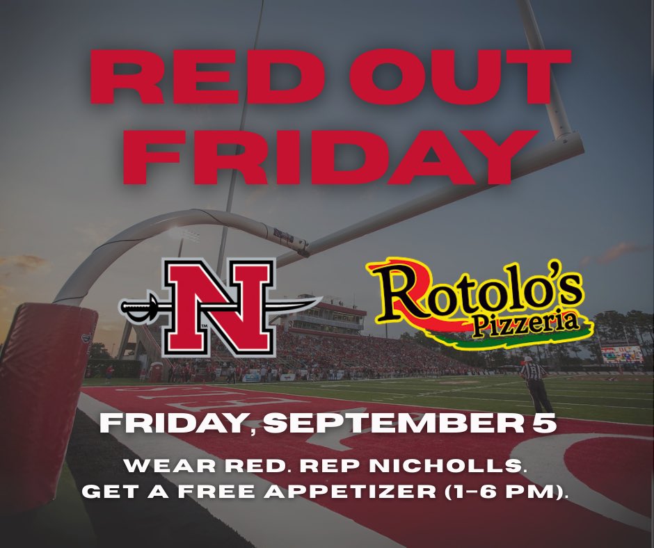 𝐖𝐄𝐀𝐑 𝐑𝐄𝐃 &amp; 𝐄𝐀𝐓 𝐆𝐎𝐎𝐃‼️

Colonel fans, join us at Rotolo’s Pizzeria in Thibodaux for  RED OUT FRIDAY⚔️

#GeauxColonels