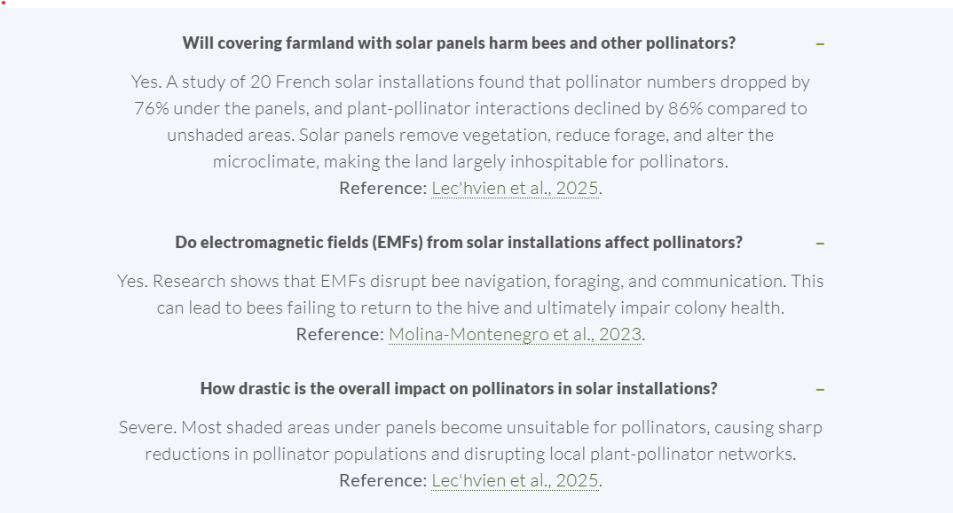 🐝 New FAQs
-76% fewer pollinators 🌞
-86% drop in plant–pollinator interactions 🌱
-EMFs disrupt bee navigation &amp; colony health ⚡
Industrial solar on farmland = severe local impact.
Lec'hvien 2025: tiny.cc/6s3s001
Molina-Montenegro 2023: tiny.cc/es3s001
#AMASS