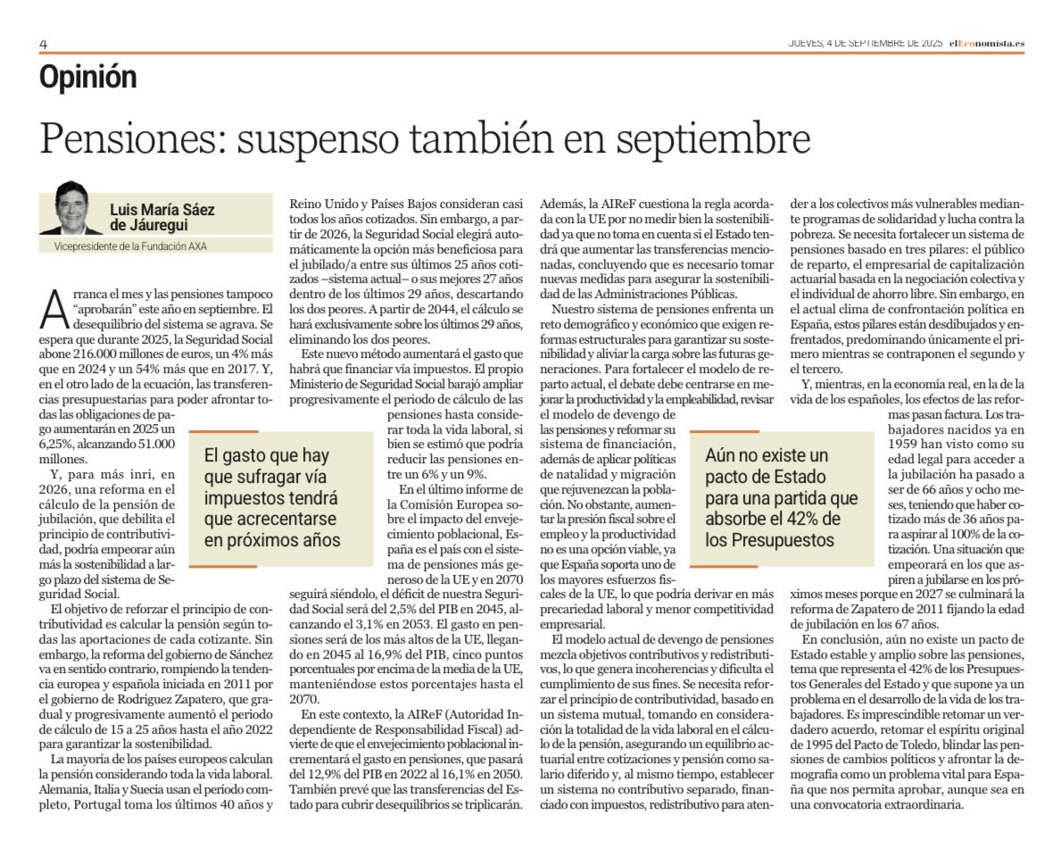 📣 #Artículo (2025): « Pensiones: suspenso también en septiembre». <a href="/elEconomistaes/">elEconomista.es</a>. Año XIX. N° 6.002. Pág. 4.
🌐
Léelo aquí:
eleconomista.es/opinion/notici…
