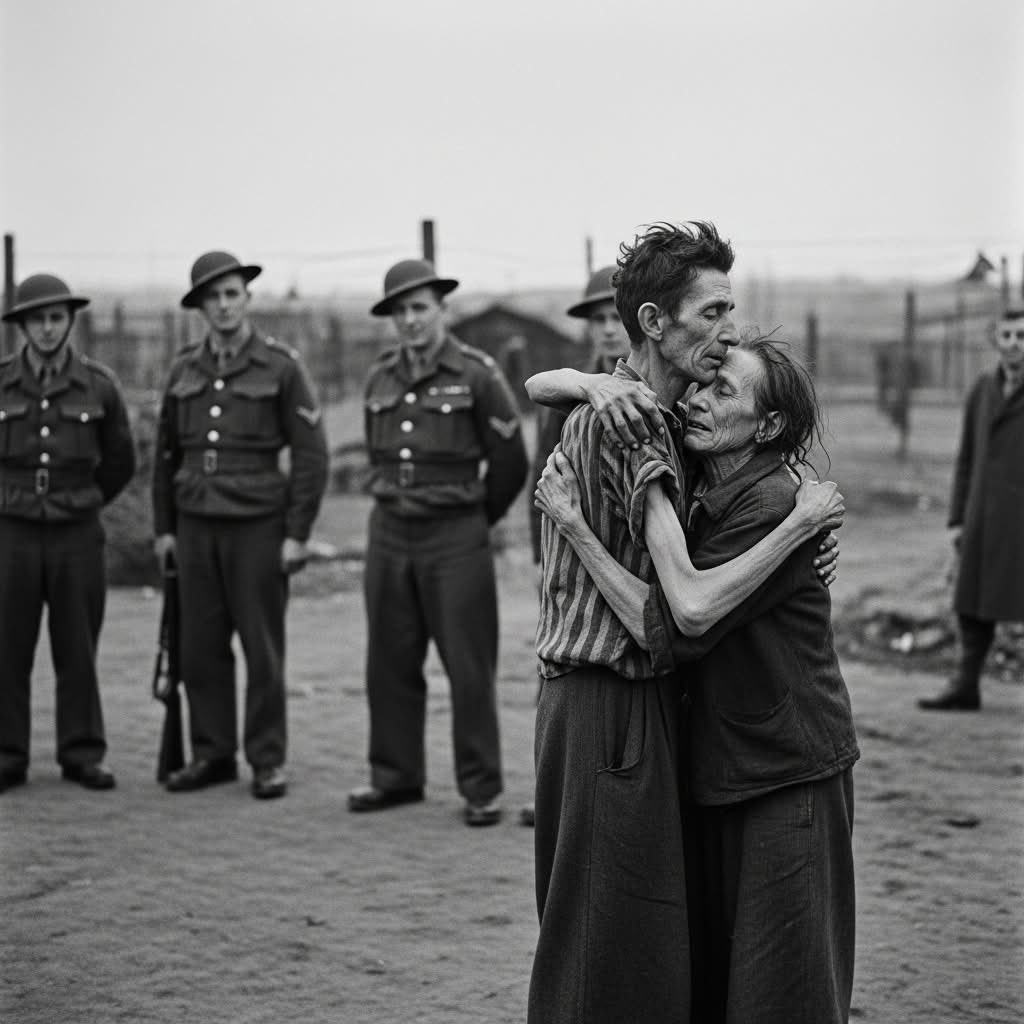 **The Silent Hug — Bergen-Belsen, 1945**

At the moment of liberation in Bergen-Belsen, two survivors, emaciated and exhausted, found each other among the chaos. Too weak to speak, they wrapped themselves in a long, trembling embrace, holding on as if the act alone could