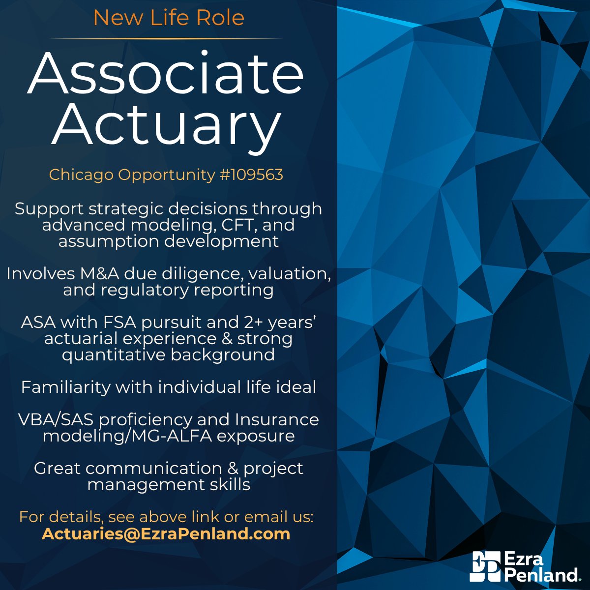 EzraPenland's tweet image. Associate Actuary sought to join a dedicated, fast-paced Chicago team and support high-impact decision making! jobs.ezrapenland.com/jb/Associate-A…

#Actuary #Actuarial #IndividualLife #ASA #FSA #Chicago #Midwest #EzraPenland #109563
