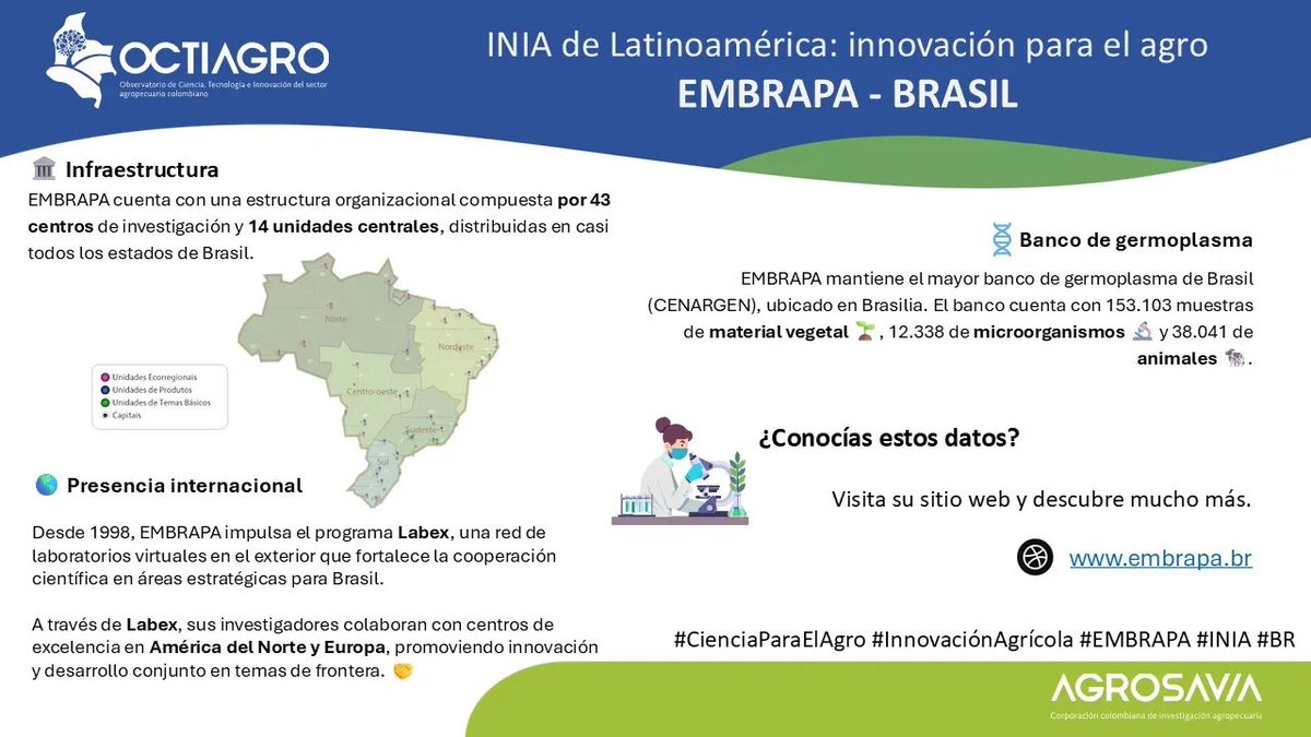ATALinkata's tweet photo. 🇧🇷 Brasil – EMBRAPA
🇧🇷🔬 La CTIAEl sector agropecuario se potencia con ciencia CTI de vanguardia. Conoce a EMBRAPA, el instituto brasileño que ha transformado la agricultura con investigación aplicada, tecnología y enfoque social.
Conoce más sobre los INIA de Latinoamérica: innovación para el agro.
#EMBRAPA #CTIA #BrasilAgro #OCTIAGRO
#CienciaParaElAgro