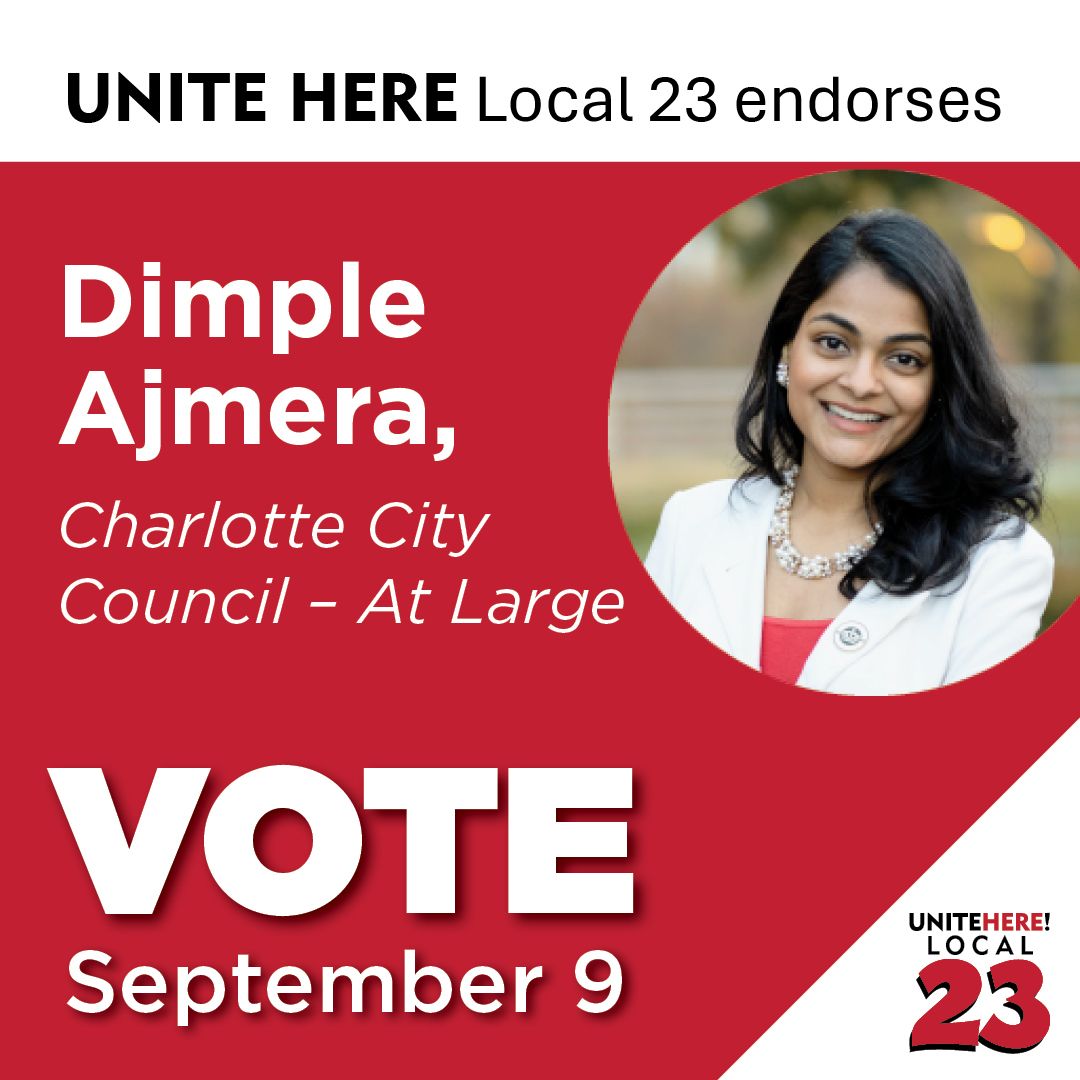 UNITE HERE Local 23 (@unitehere23) on Twitter photo UNITE HERE Local 23 endorses Dimple Ajmera for Charlotte City Council – At Large
--
VOTE September 9th!
<a href="/DimpleAjmera/">Dimple Ajmera</a> UNITE HERE Local 23 endorses Dimple Ajmera for Charlotte City Council – At Large
--
VOTE September 9th!
<a href="/DimpleAjmera/">Dimple Ajmera</a>