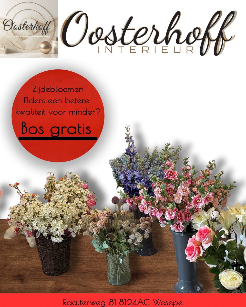 Oosterhoffinter's tweet image. Bij Oosterhoff-interieur vind je ook een groot assortiment zijdebloemen, en nu voor stuntprijzen!!!
Wij durven zelfs te zeggen dat we de goedkoopste zijn. Vind je kort na aankoop zijdebloemen van de zelfde kwaliteit, maar elders goedkoper, BOS GRATIS!

#stuntprijs #zijdebloemen