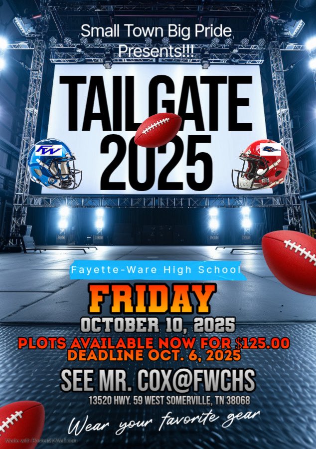 Fayette-Ware High (@fayettewarehigh) on Twitter photo Get Homecoming Ready!!! Tailgating Plots are now available!! See Mr Cox at FW to purchase your plot now!! <a href="/FCPSchoolsTN/">Fayette County Public Schools</a> <a href="/AthleticsFCPS/">FCPS Athletics</a> Get Homecoming Ready!!! Tailgating Plots are now available!! See Mr Cox at FW to purchase your plot now!! <a href="/FCPSchoolsTN/">Fayette County Public Schools</a> <a href="/AthleticsFCPS/">FCPS Athletics</a>