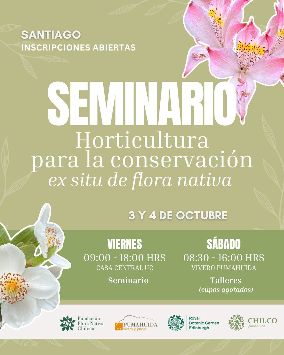 ¡Sé parte del Primer Seminario de Horticultura para la Conservación ex situ de Flora Nativa!

No te pierdas esta oportunidad pionera de encuentro y vinculación, dirigida a técnicos y profesionales de organizaciones públicas y privadas dedicadas a la conservación de flora nativa..