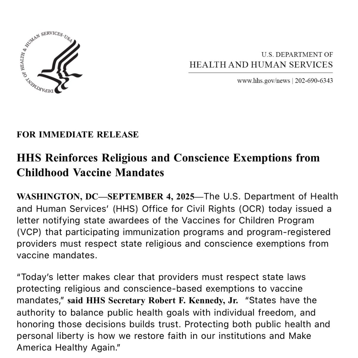 KLVeritas's tweet image. HHS Reinforces Religious and Conscience Exemptions from Childhood Vaccine Mandates