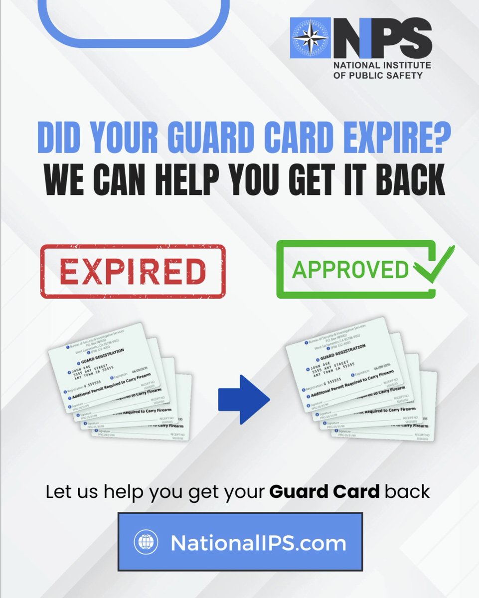 Did your California Guard Card expire? Don’t worry — you don’t have to start over.

💬Comment " Expired Guard Card" and we will help you get yours back!

Many security officers are surprised to learn that there are options to renew or replace an expired Guard Card.

At