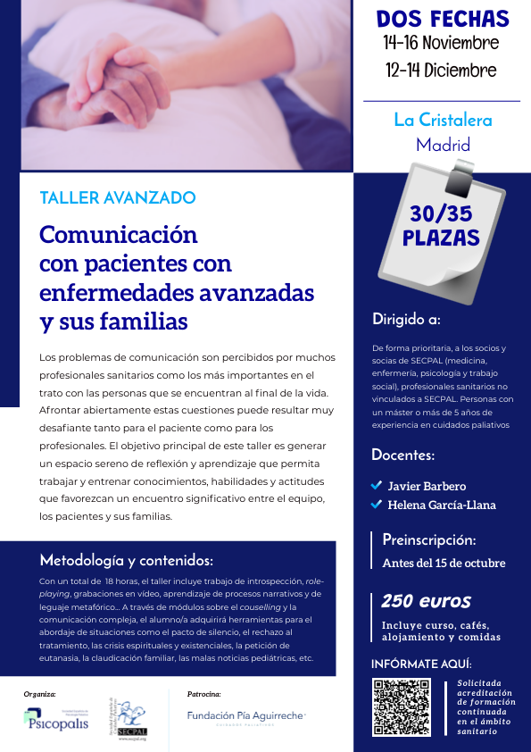 🔊 SEPP-Psicopalis, en colaboración con la <a href="/FPiaAguirreche/">Fundacion Pia Aguirreche</a>, organiza el TALLER AVANZADO 'Comunicación con pacientes con enfermedades avanzadas y sus familias'

2️⃣ Grupos 
📍La Cristalera (Madrid)
✍️ Inscripciones hasta el 15 de octubre
➕ Información 👉 tinyurl.com/5h27fpxu