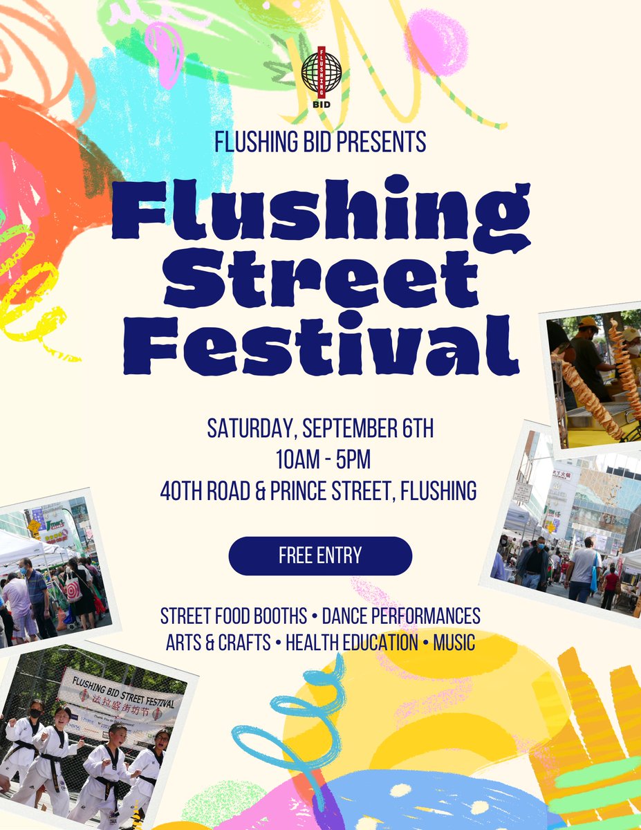 FlushingBID's tweet image. The Flushing Street Festival is back this Saturday, September 6th, from 10AM–5PM at 40th Road &amp;amp; Prince Street!

Join us for a full day of excitement with:
🍜 Street Food Booths
💃 Dance Performances
🎨 Arts &amp;amp; Crafts
💡 Health Education
🎶 Live Music