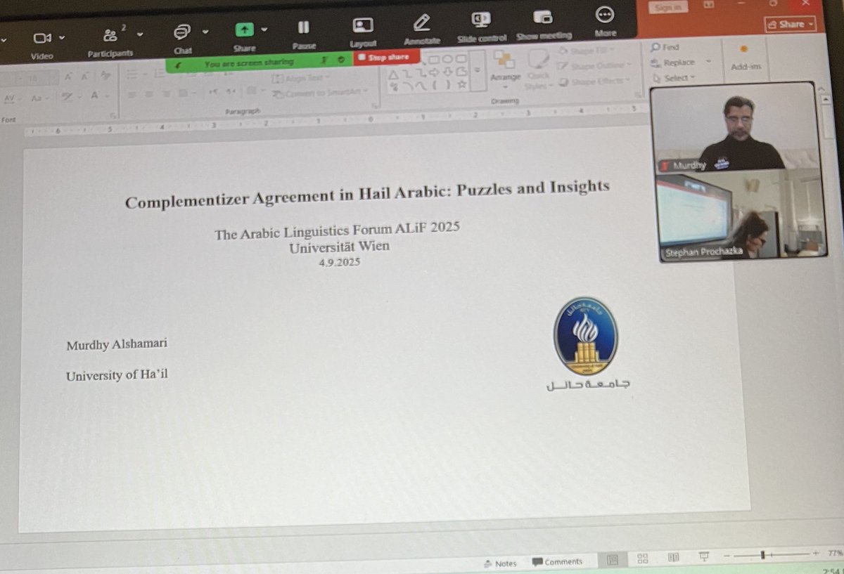 MurdhySyntax's tweet image. قدمت اليوم بحث PPT بمؤتمر اللغوات العربية 6، جامعة ڤيينا🇦🇹، 
6th Arabic LinguisticsForum, Vienna 2025
في النظرية اللغوية التوليدية، عن ظاهرة في لهجة حائل… الأداة الإدراكية &apos;عِد&apos; في جملة معقّدة التركيب و غنية البيان…الأدوات الاستدراكية في لهجة حائل (غدي، أكتن، عِد….) تشكل تحدّي…