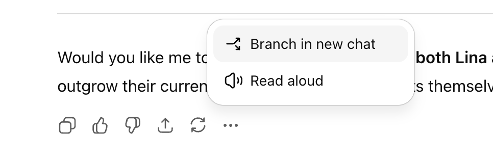 A screenshot of a ChatGPT interface. Text reads "Would you like me to outgrow their current" with options "Branch in new chat" and "Read aloud" visible. Icons for liking, disliking, copying, and refreshing are present.