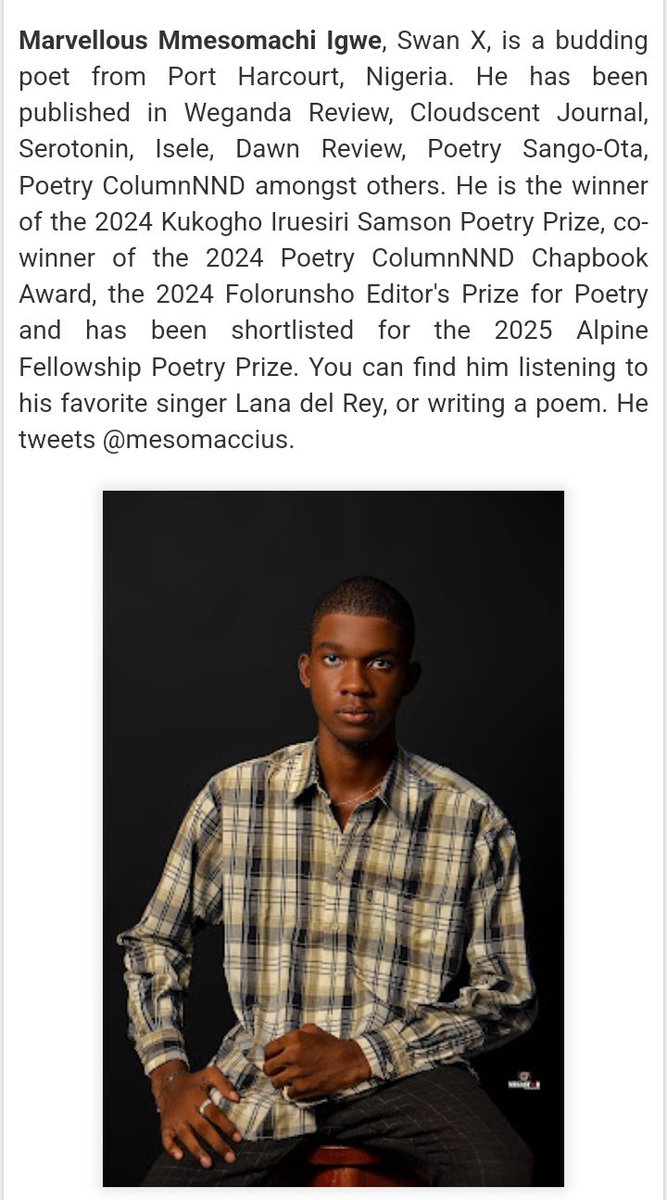 mesomaccius's tweet photo. Hi guys, I'm excited to announce that my poem The Deer originally published in @AprilCentaur emerged as the winner for the Collaborature Monthly Poetry Contest. Congratulations to meeee 🥹

https://t.co/AxBv4XT2D6 https://t.co/XIPzZwGCCP