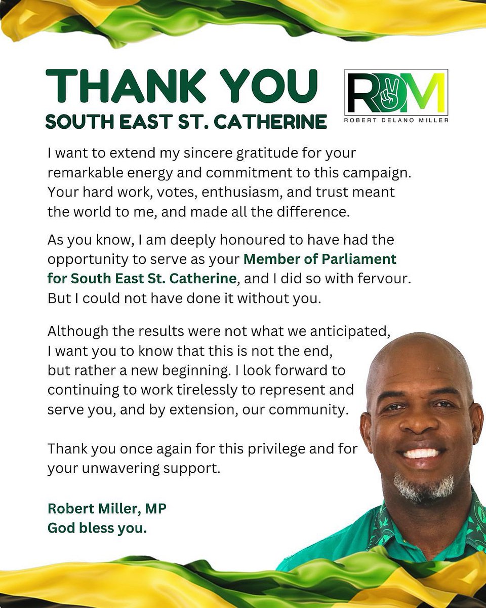 It may not be the result we hoped for, but I’m still with you. Everything we’ve started will come to life.

Even though the outcome wasn’t in our favour, the JLP’s victory is a win for Jamaica. Thank you for your support &amp; prayers. God bless you. 💚

#RobertMiller #JLP