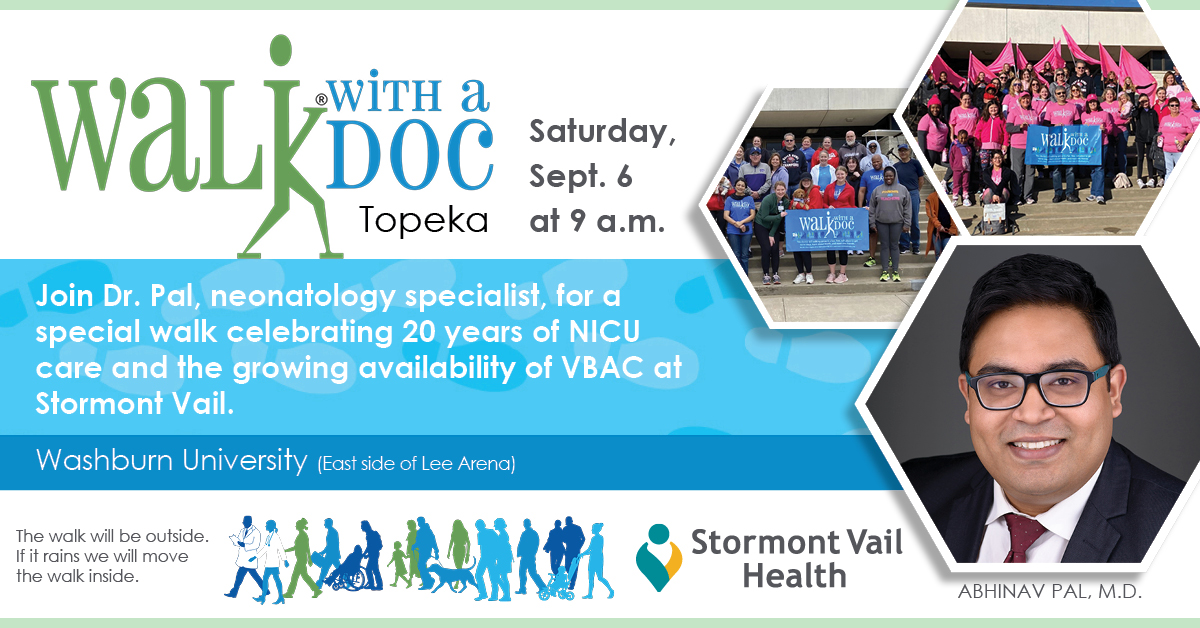 StormontVail's tweet image. Walk With A Doc 👟🩺 Sept. 6, 2025, at Washburn University
Join Dr. Abhinav Pal, neonatology specialist at Stormont Vail Health, for a special walk celebrating 20 years of #NICU care and the growing availability of #VBAC.
Details: ow.ly/qQkv50WRlSJ
#WWAD #StormontVailHealth
