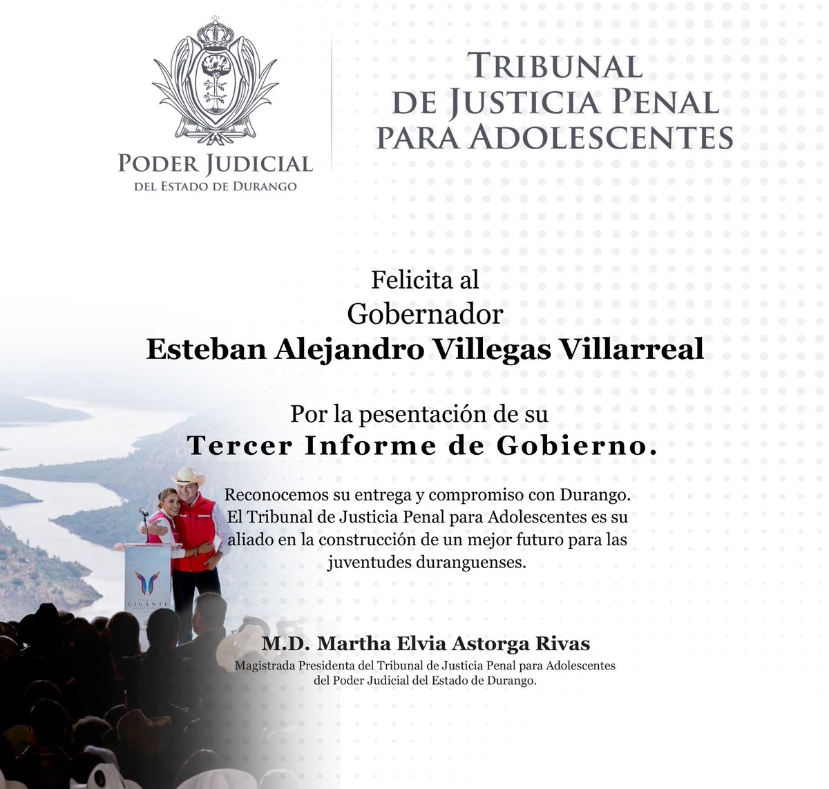 En el Tribunal de Justicia Penal para Adolescentes del <a href="/PJDGO/">PJDGO</a>   reconocemos el trabajo del Gobernador <a href="/EVillegasV/">Esteban Villegas V.</a>  en beneficio de las juventudes.
Reforzamos nuestro compromiso en la construcción de un mejor futuro para nuestros adolescentes. #TJPA  #JusticiaConProposito