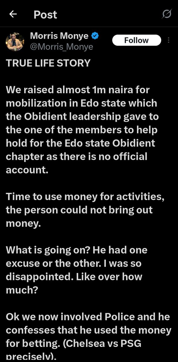 Obidents raised 1 million Naira, and obidie ts embezzled the money.
When quized, he said he lost it staking Chelse vs PSG match.
We will blame Chelsea for this.
😆 🤣 😂