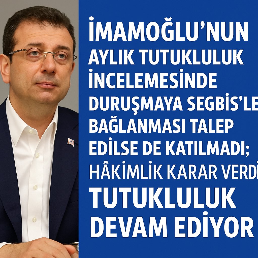 “İmamoğlu’nun aylık tutukluluk incelemesinde duruşmaya SEGBİS’le bağlanması talep edilse de katılmadı; hâkimlik karar verdi: tutukluluk devam ediyor.”
#ekremimamoğlu #tutukluluk