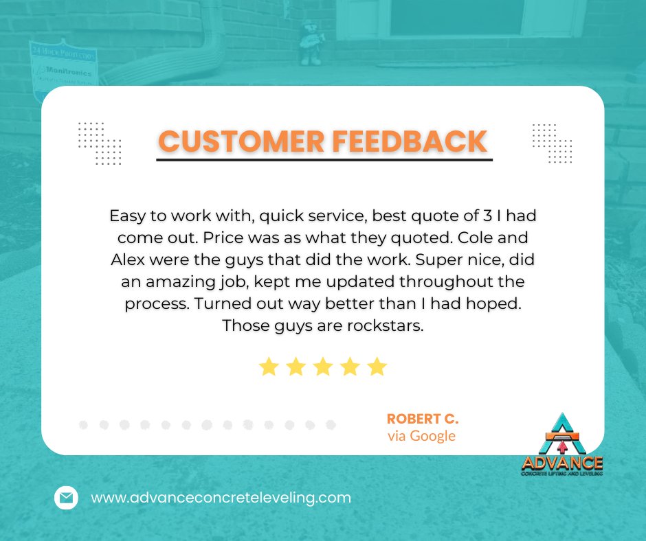 AdvanceLifting's tweet image. 5 stars for Cole and Alex! ⭐️⭐️⭐️⭐️⭐️ Thanks, Robert, for sharing your experience. We’re proud of our team and the results they deliver every time.

#CustomerReview #ConcreteLeveling #AdvanceConcrete