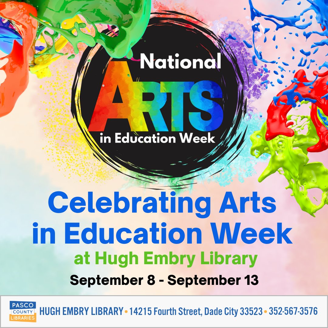 PascoLibraries's tweet image. Visit Hugh Embry Library September 8–13 for Arts in Education Week 🎨
Immerse yourself in a week of creativity featuring art displays, meet-and-greets with local artists, and hands-on workshops in ceramics, leather binding and more. View more at bit.ly/PCLSEvents.
