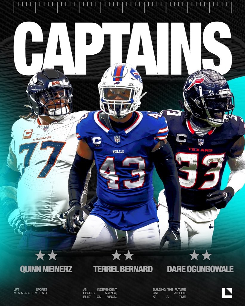 LIFTSPORTSMNGMT's tweet image. Leaders. Playmakers. Captains. 🏈🔒

Quinn Meinerz • Terrel Bernard • Dare Ogunbowale