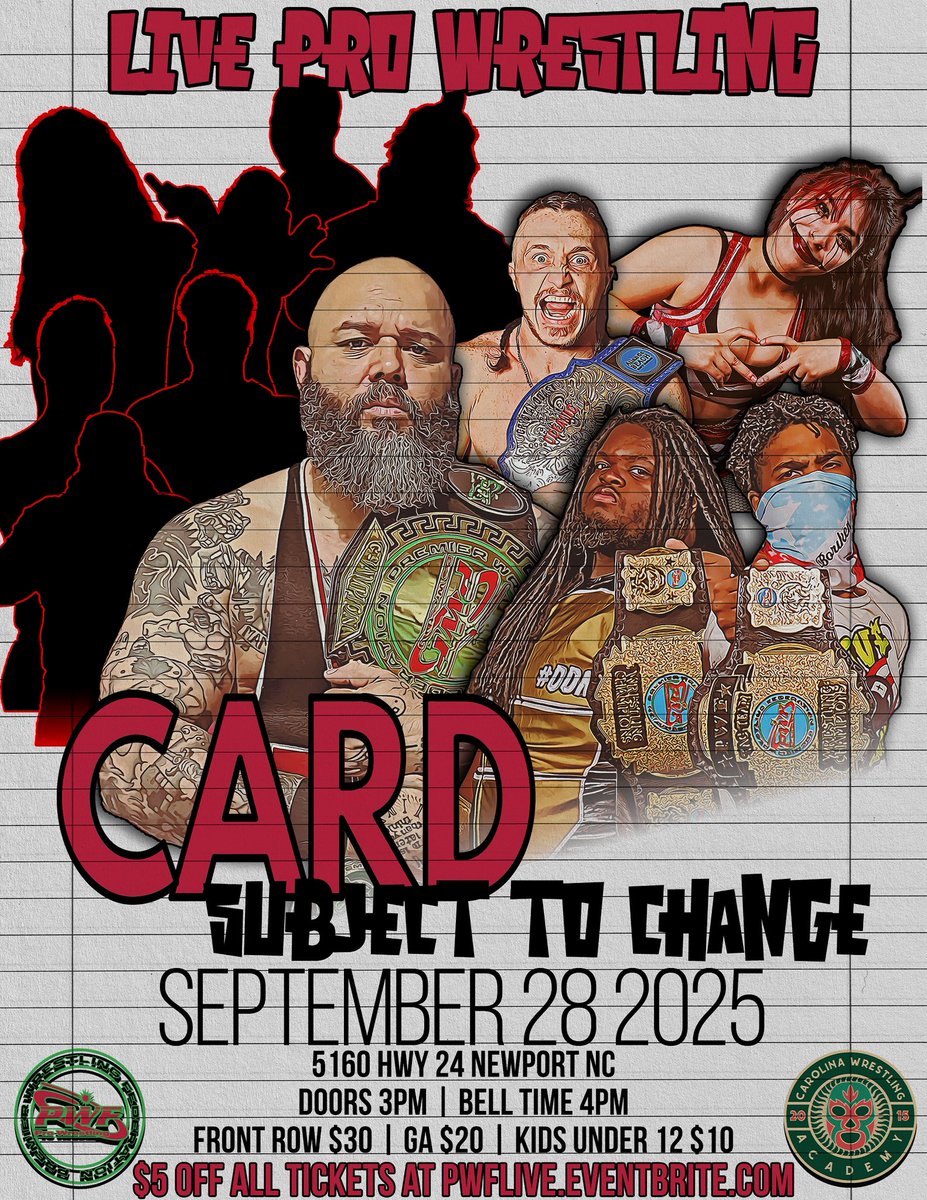 Premier Wrestling Federation (@pwflive) on Twitter photo ‼️SHOW ANNOUNCEMENT‼️
On Sunday, September 28th, we return to the Carolina Wrestling Academy in Newport, NC when PWF presents “Card Subject to Change”!
There will be NO matches announced for this show, but prepare yourselves for a night of debuts, returns, and surprises! ‼️SHOW ANNOUNCEMENT‼️
On Sunday, September 28th, we return to the Carolina Wrestling Academy in Newport, NC when PWF presents “Card Subject to Change”!
There will be NO matches announced for this show, but prepare yourselves for a night of debuts, returns, and surprises!