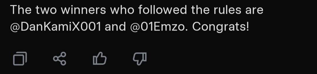 We got the real winners who followed all the rules!

<a href="/01Emzo/">EMZO🐼</a> &amp; <a href="/DanKamiX001/">DanKamiX🟦👿🩵</a> 

Congratulations!!!

Send me those Solana addresses!!

Stay tuned for next one all. 

Celebrate the winners!