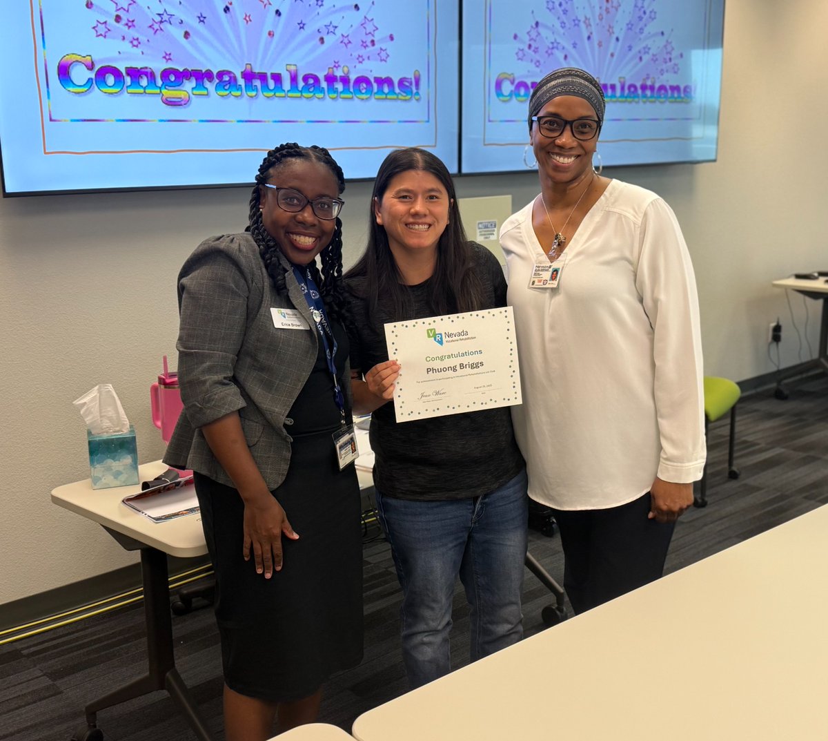 🎓 Congratulations to our August Job Club Graduates! 🎉
Please join us in celebrating Phuong Briggs and Chad White for successfully completing VR Nevada’s Job Club in Las Vegas! 

#VRNevada #JobClubGraduates #LasVegasSuccess #VocRehab #CareerReady #DisabilityEmployment