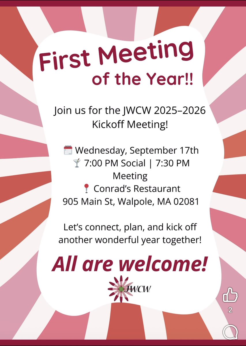 jwcw_walpole's tweet image. We’re kicking off a brand-new JWCW year!
Join us for our first meeting of the 25–26 season.
Whether you’re a returning member or curious about what we do, this is the perfect chance to connect, get involved, and make a difference in our community.
We can’t wait to see you there!
