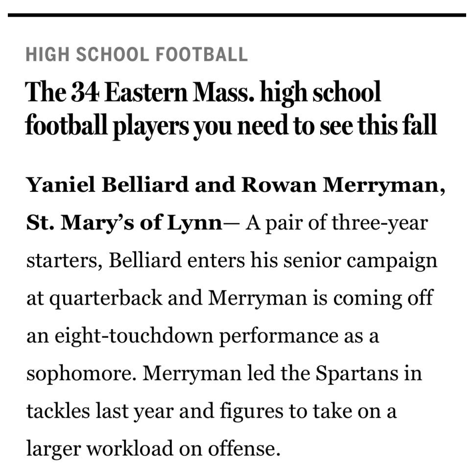 Honor to be mentioned by <a href="/GlobeSchools/">Boston Globe Schools</a> <a href="/SMH_SpartansFB/">St. Mary’s Spartans Football</a>