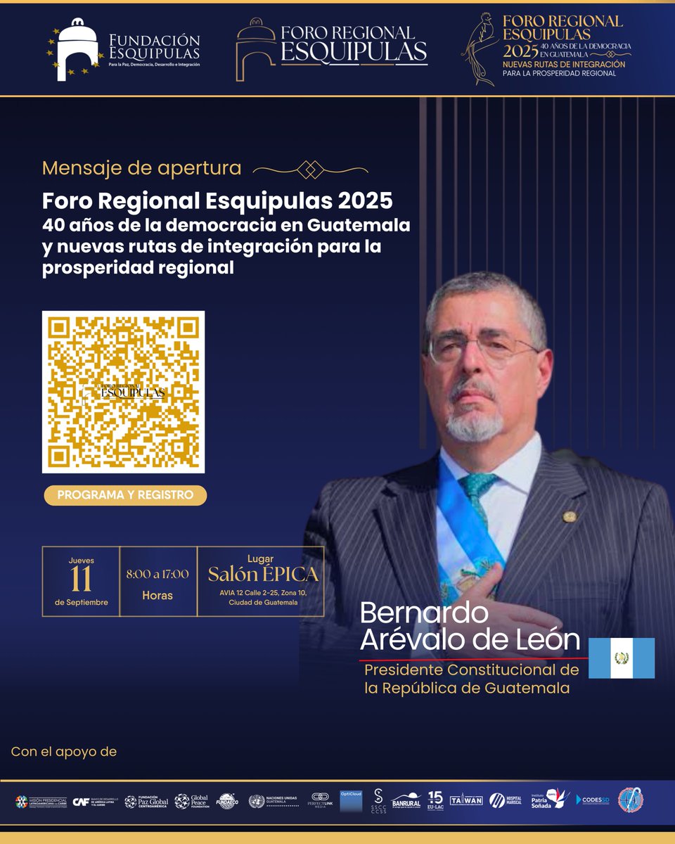 El presidente constitucional de Guatemala, Bernardo Arévalo de León, estará en el #FRE2025 conmemorando 40 años de democracia y abriendo nuevas rutas de integración regional.
👉Regístrate: fororegionalesquipulas.org/foro-regional-…
#40AñosDeDemocracia #RegiónDeOportunidades #MásAlláDeLasIdeologías