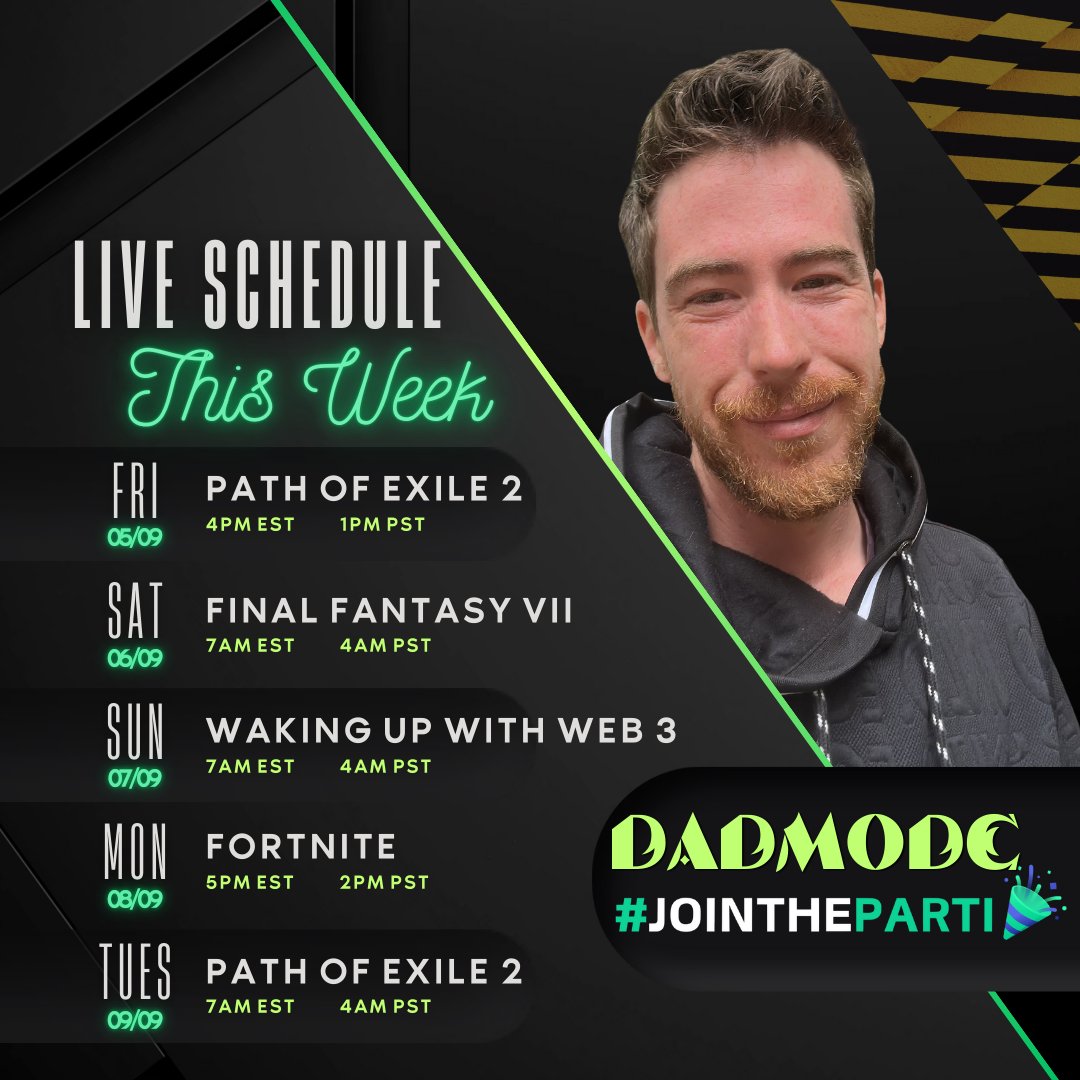We’re officially back live streaming since the cross country move and the next 5 days are stacked.

Check out our schedule below and lock in legends, epic streams are coming your way on Parti!
