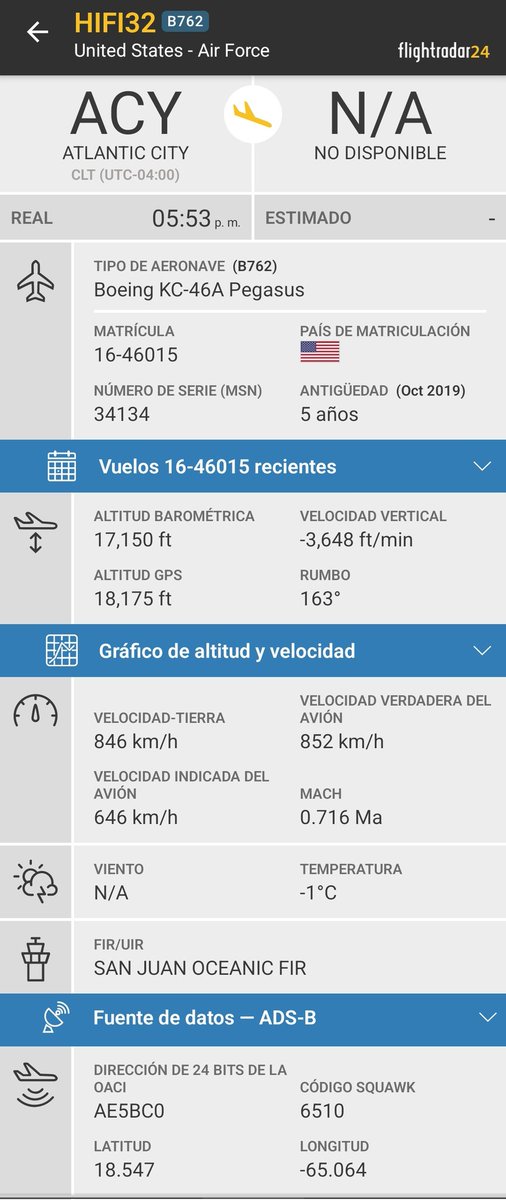 Arrest_Maduro's tweet photo. 🇺🇲U.S. Air Force KC-46A Pegasus, reg. 16-46015, hex #AE5BC0, código de llamada HIFI32 , descendiendo hacia St. Croix🇻🇮. Posiblemente haya repostado al C-5M en su trayecto a Puerto Rico. https://t.co/d3xwqK2KIE