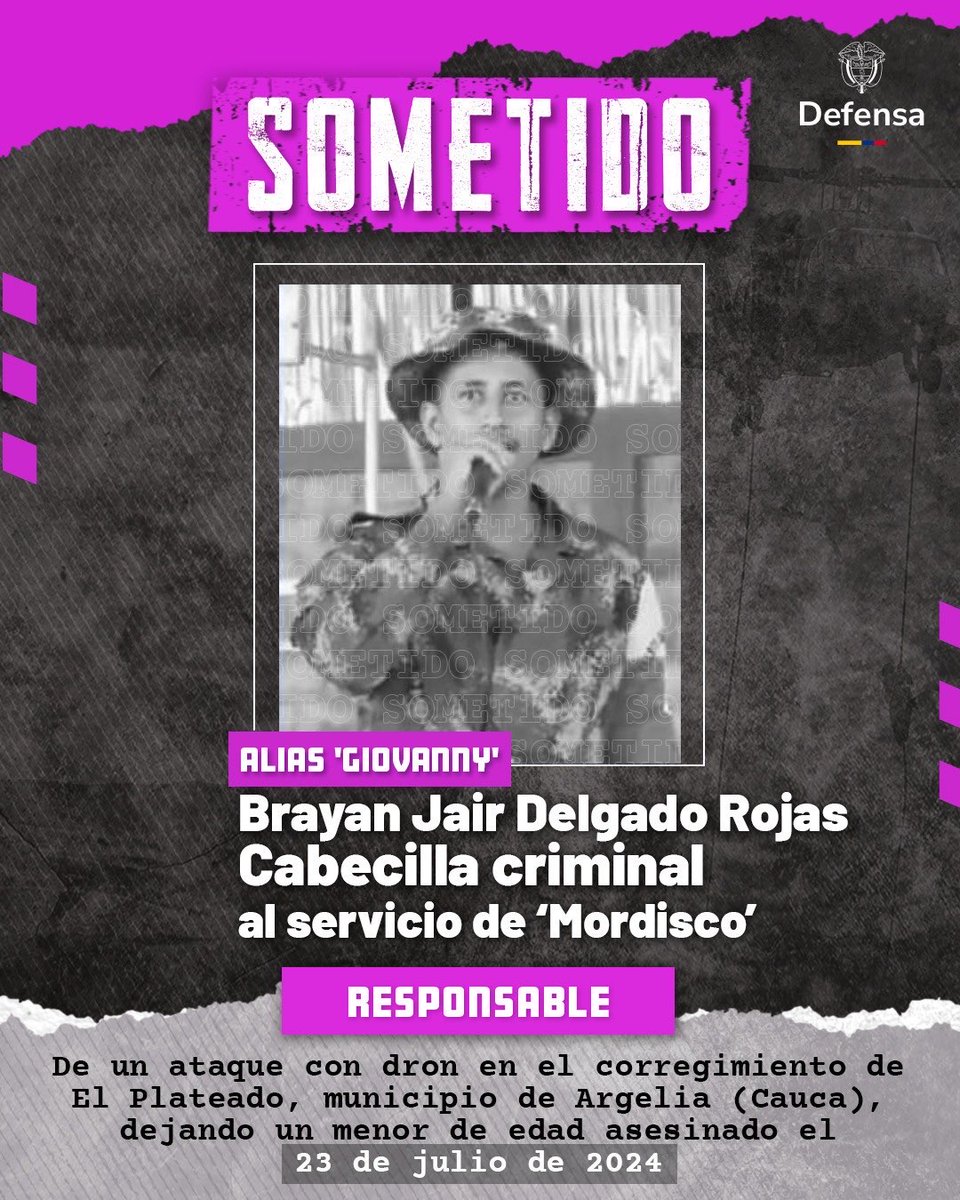 Brayan Jair Delgado Rojas, llamado Giovanny en la columna Carlos Patiño, quien reemplazó a Kevin, segundo al mando de la columna, se acaba de someter a la justicia colombiana.

Tanto Kevin, como Brayan Jair, se han sometido, mostrando la debilidad en la que se encuentra la fuerza