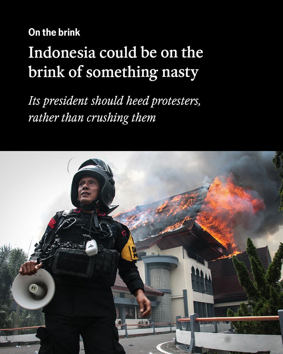 There is a risk that Prabowo Subianto will use violent protests as an excuse to crack down more heavily. That is no way to hold together a multi-ethnic archipelago of 17,000 islands econ.st/4mSpIoo

Photo: AFP