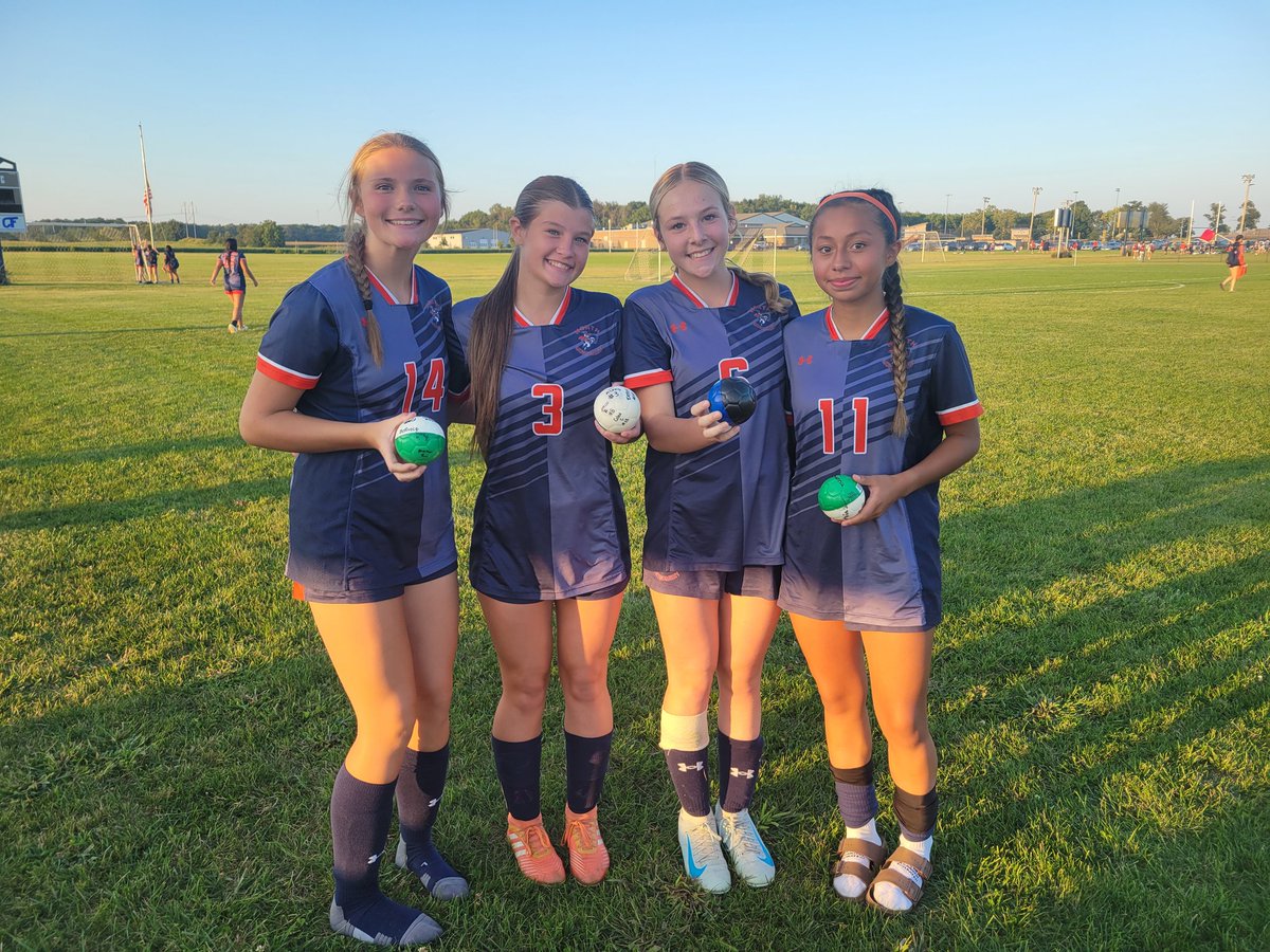 Game balls earned in the win vs. Twin Lakes by Scarlette Hamm, Alexis Bennett, Ava Leader, &amp; Genesis Reyes. ⚽️🧡💙