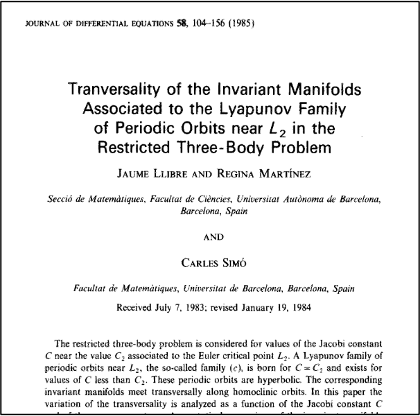 RossDynamicsLab's tweet image. If you want a deep mathematical dive into Lagrange point manifolds, a classic is this 1985 paper by Llibre, Martínez & Simó.
I learned a lot from this one; beautiful analysis of invariant manifolds in the restricted 3-body problem.
Article: doi.org/10.1016/0022-0…