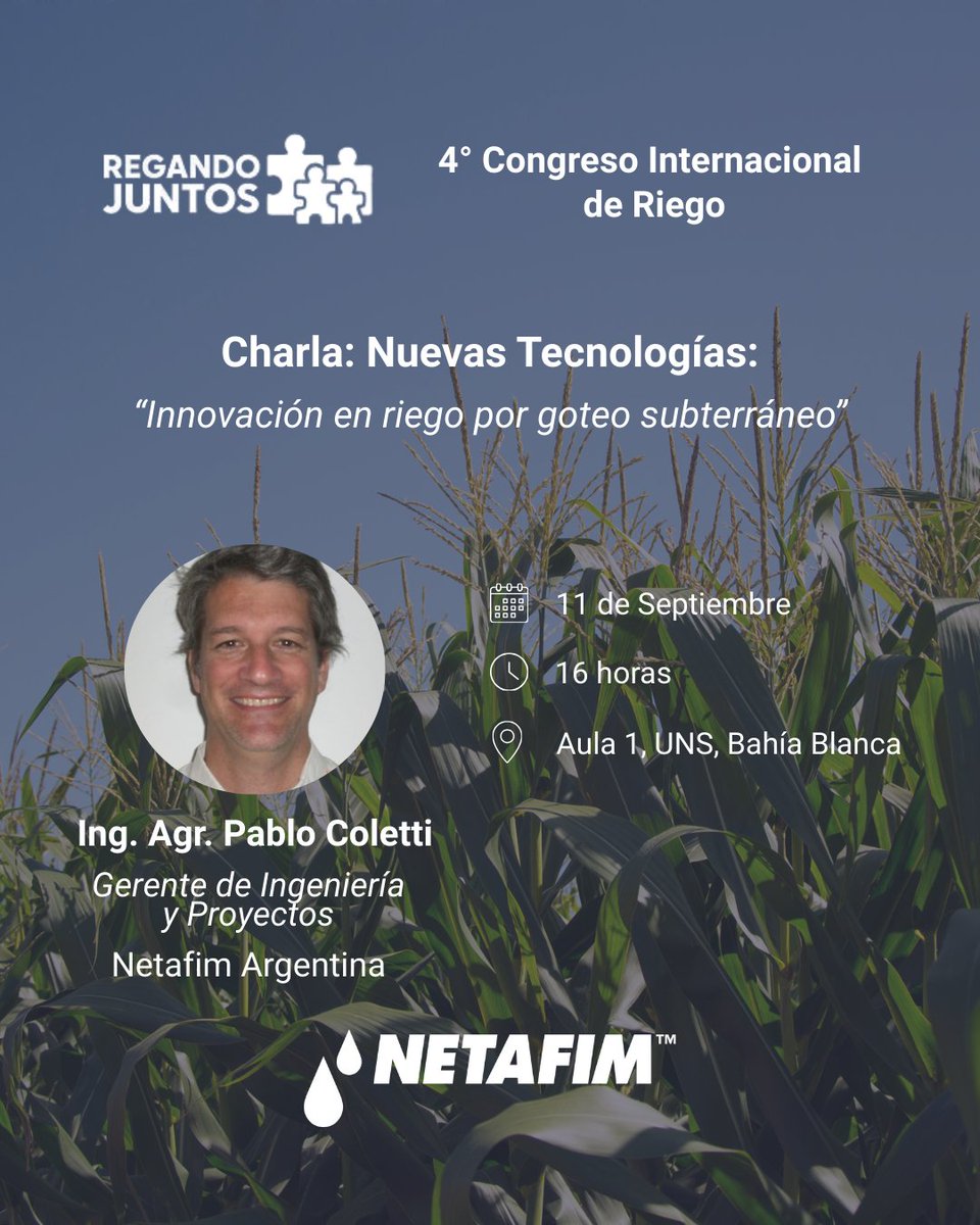 🌾 El 11/9 estaremos en el 4° Congreso Internacional de Riego en Bahía Blanca.

🕓 16 hs, Aula 1: charla del Ing. Agr. Pablo Coletti sobre innovación en riego por goteo subterráneo y fertirrigación. 💧 

Pasá por nuestro stand

#RiegoInteligente
