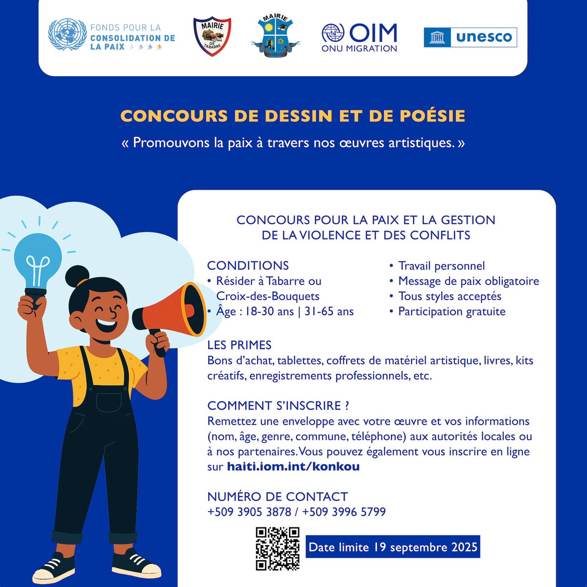 OIM ak UNESCO, nan tèt kole ak <a href="/MairieTabarre/">Commission Municipale de Tabarre</a> <a href="/cxdesbouquets/">Croix-des-Bouquets</a>, ak sipò <a href="/haiti_pbf/">UN Peacebuilding Fund - PBF Haiti</a> ap òganize yon konkou Desen ak Pwezi pou fè pwomosyon pou lapè nan zèv atistik yo!🕊️
Konkou a louvri pou moun ki gen 18 rive 65 lane. 
Prese enskri 👉🏽 haiti.iom.int/konkou anvan 19 septanm! #Paix
