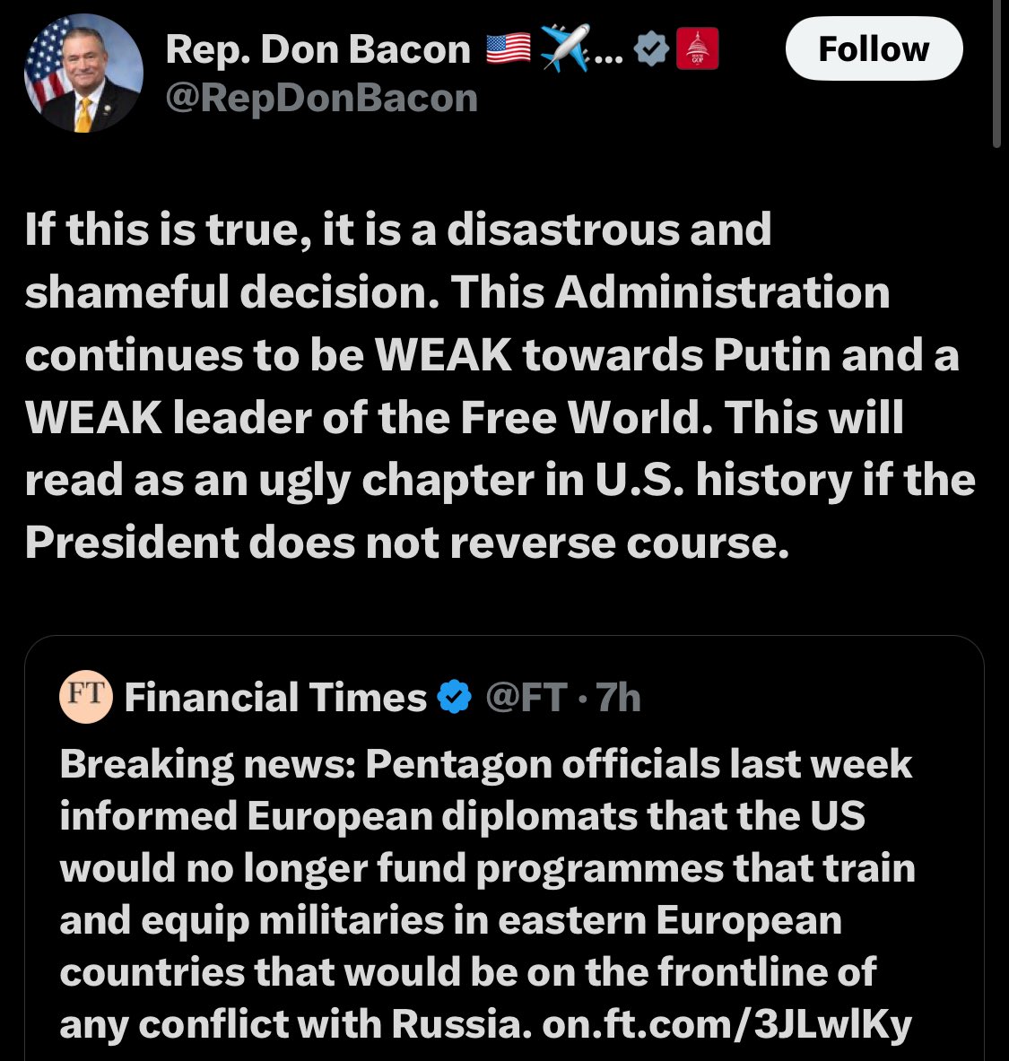 “This administration continues to be WEAK towards Putin”, says Republican Congressman Don Bacon