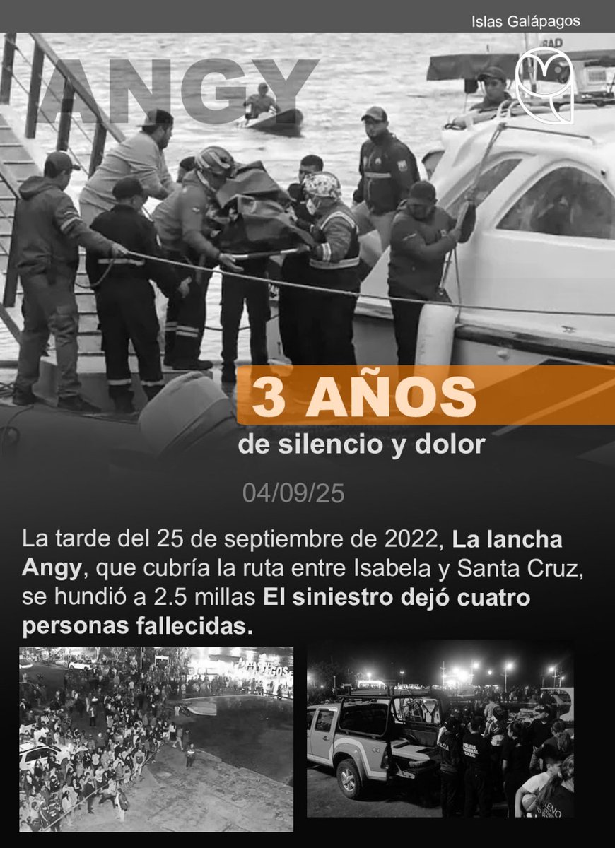 GalapOnline's tweet photo. #Galapagos 🛥️ Tres años de la tragedia de la lancha Angy, ocurrido el 25 de septiembre de 2022, y aún no se ha instalado la audiencia de juicio. Los responsables continúan en libertad, mientras las familias de las víctimas siguen esperando respuestas. https://t.co/do64RqGm0Q