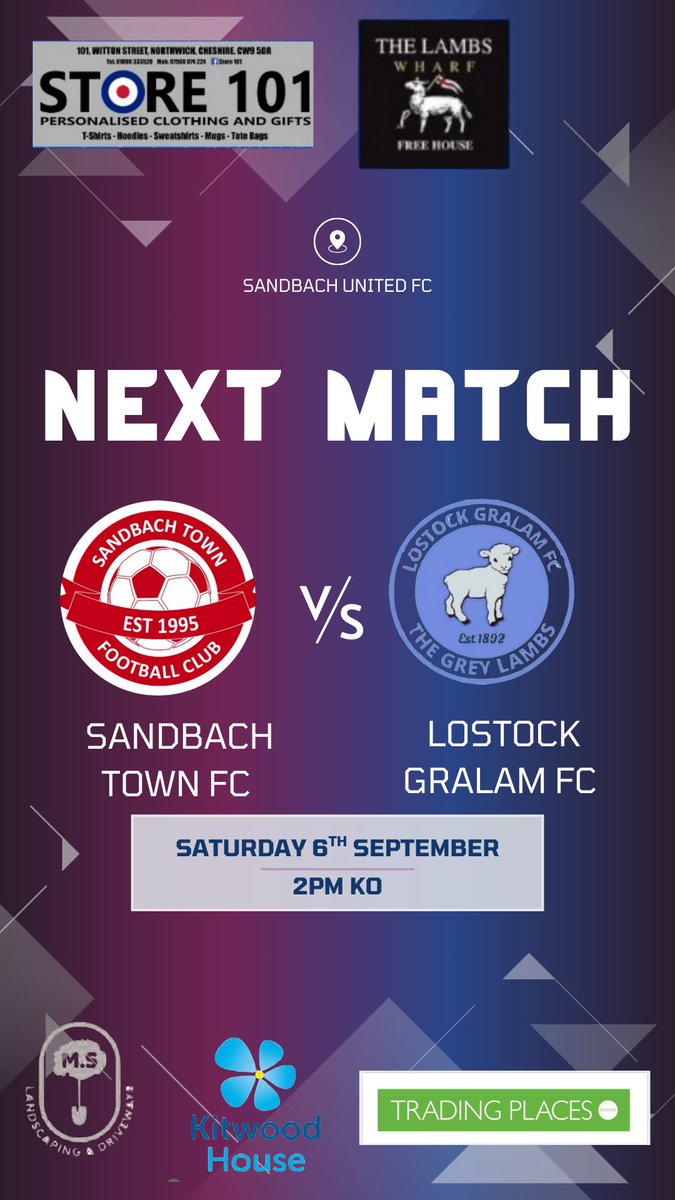 🔔NEXT FIXTURE🔔

A short trip down the road to <a href="/Sandbachtownfc/">Sandbach Town FC</a> for our cup fixture on Saturday