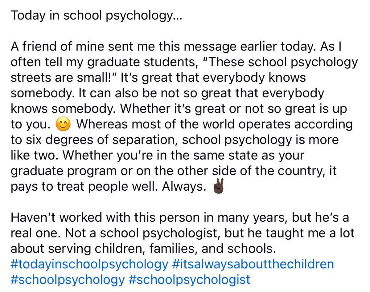 charles barrett (@_charlesbarrett) on Twitter photo …Whereas most of the world operates according to six degrees of separation, school psychology is more like two. Whether you’re in the same state as your graduate program or on the other side of the country, it pays to treat people well. Always. ✌🏿#todayinschoolpsychology …Whereas most of the world operates according to six degrees of separation, school psychology is more like two. Whether you’re in the same state as your graduate program or on the other side of the country, it pays to treat people well. Always. ✌🏿#todayinschoolpsychology